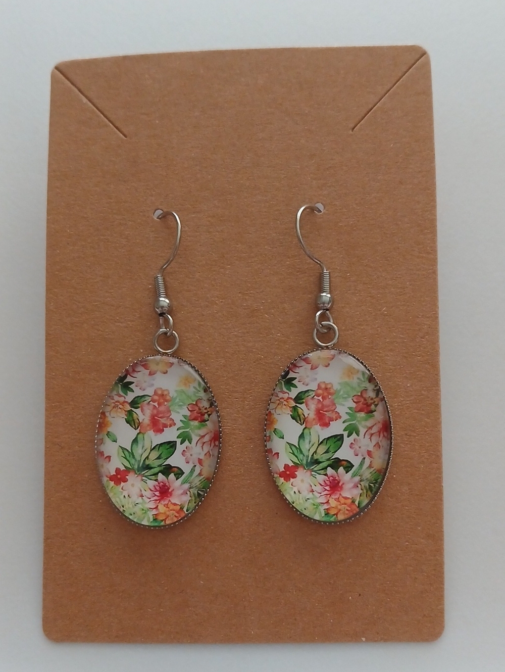 Fashion Jewelry Floral Oval Drop Earrings in Pink, Green and White - Picture 2 of 3